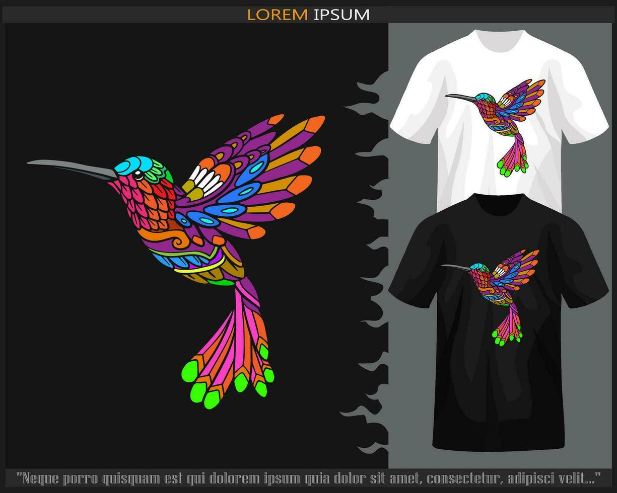 Colorful Humming bird mandala arts isolated on black and white t shirt. vector