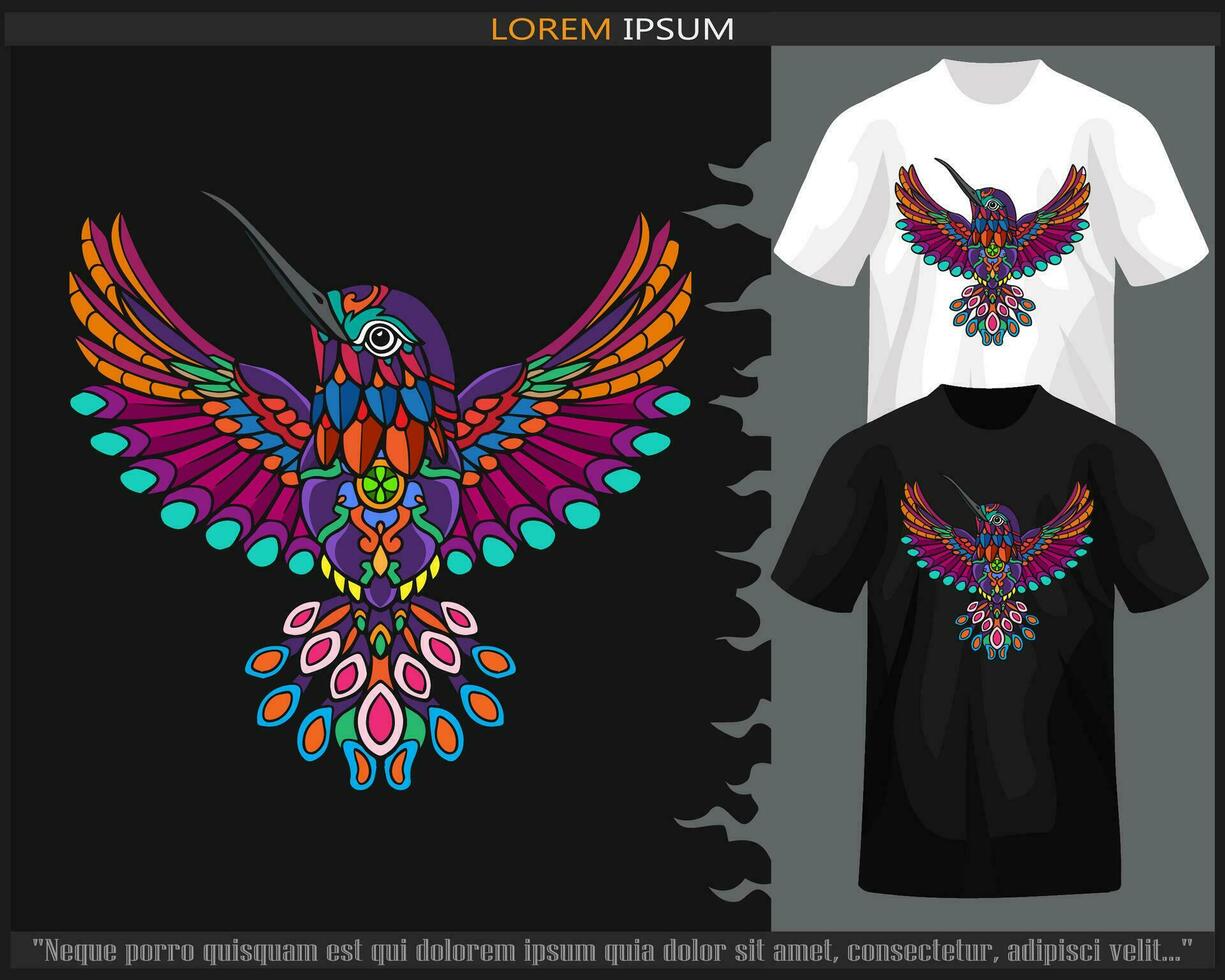Colorful Humming bird mandala arts isolated on black and white t shirt. vector