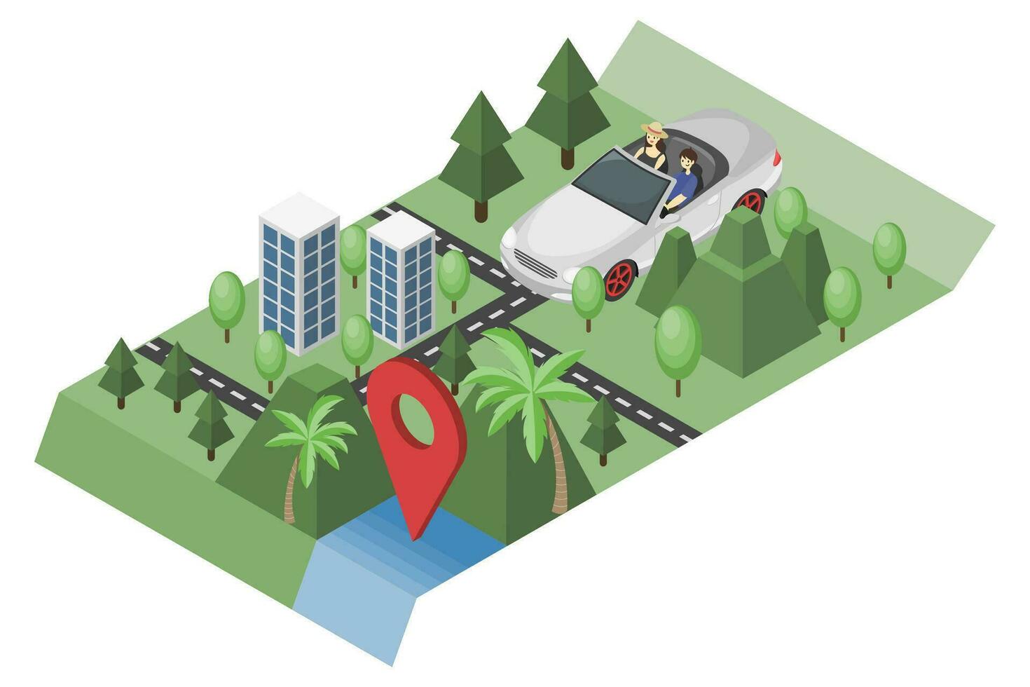 isometric a couple is driving a white silver convertible car on a 3D map surrounded by mountains, trees, and tall buildings with red point map on the sea. flat color illustration vector. vector