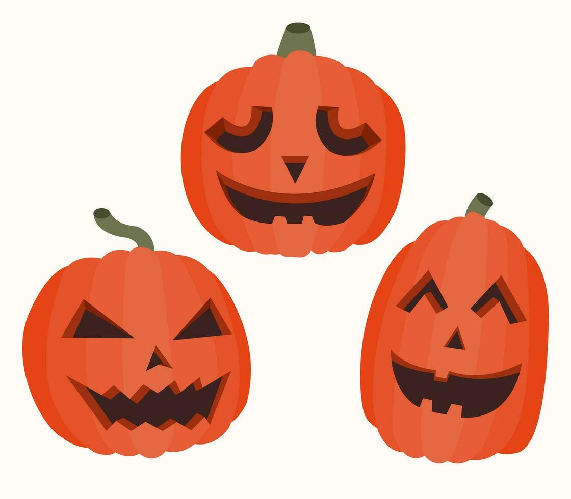 set of Halloween pumpkins, jack o lantern bundle in minimal stye flat color isolated on white background, for decoration in Halloween theme illustration vector. vector