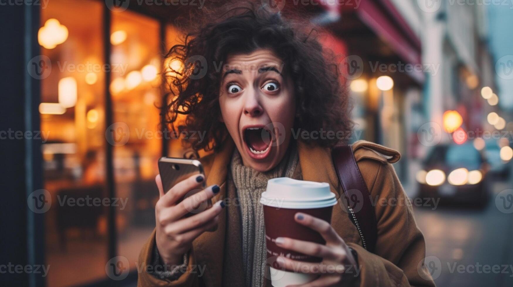 Delightedly Surprised or Horrified Young Adult Female Holding Her Coffee Cup and Cell Phone Walking Outside - . photo