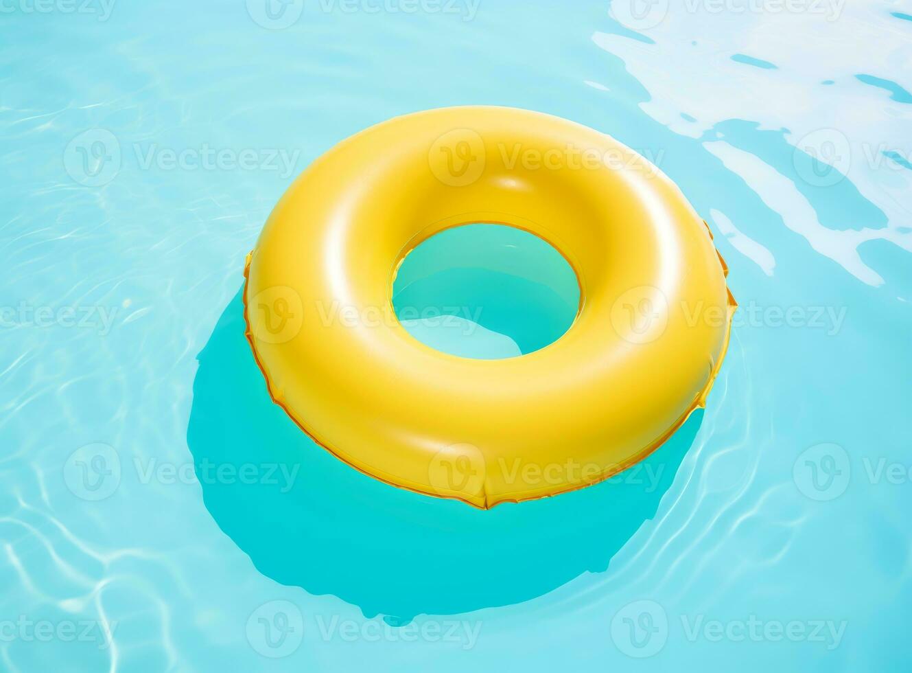 A blue bottom swimming pool with blue water below a large yellow rafting in the mid photo