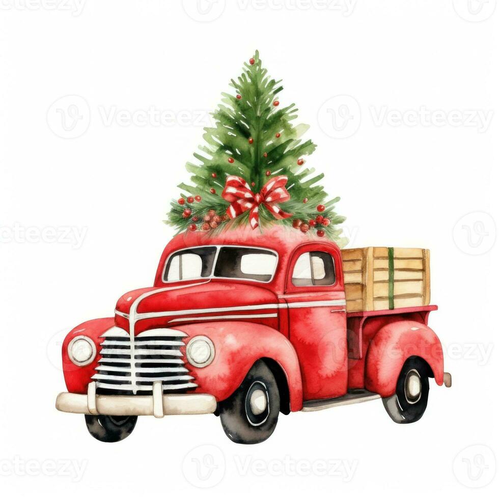 Cute christmas watercolor red retro car with christmas tree lies on it isolated photo