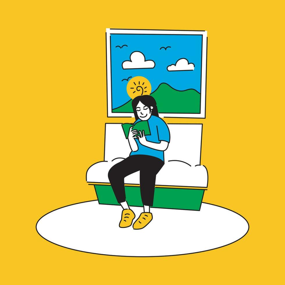 The girl sits reading comfortably while imagining the sun rising behind the mountain vector