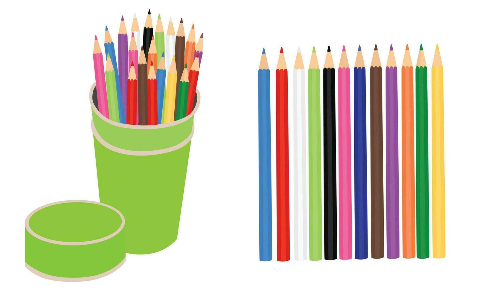 Color pencil vector set. Back to school concept. School supplies vector. Flat vector isolated on white background.  Crayon. Loosely arranged. Learning and education concept. Mess, Bulk, Box.