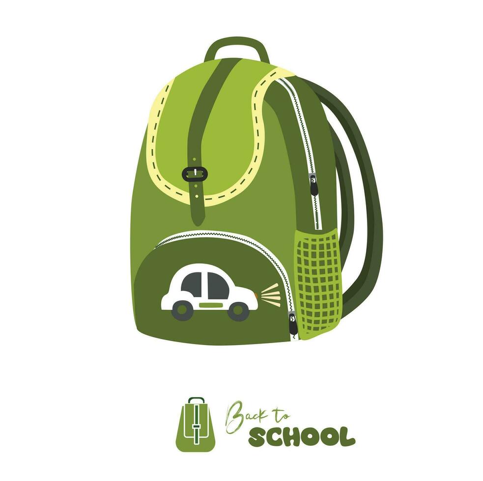 Pulpil backpack vector in green. School backpack flat vector in cartoon style. School bag vector illustration. School and education concept. Back to school theme. stationery.