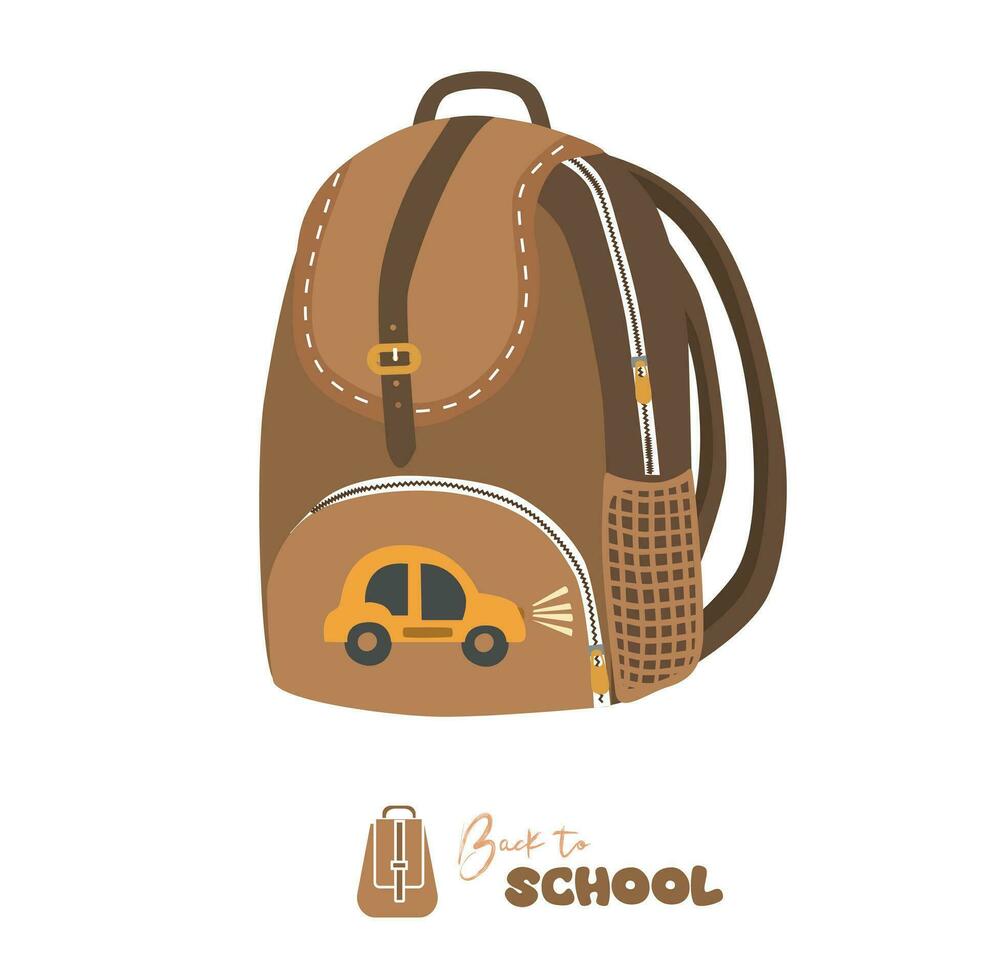 Pulpil backpack vector in brown. School backpack flat vector in cartoon style. School bag vector illustration. School and education concept. Back to school theme. stationery.