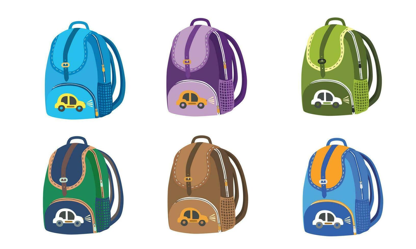 púlpito mochila vector conjunto con diferente colores. vistoso mochila plano vector en dibujos animados estilo. colegio bolso vector ilustración. colegio y educación concepto. espalda a colegio tema. colegio papelería