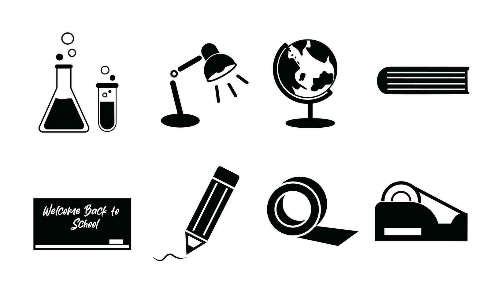 School supplies icon vector set. Back to school concept. Welcome back to school background. Learning and education concept. Flat vector in black isolated on white background.