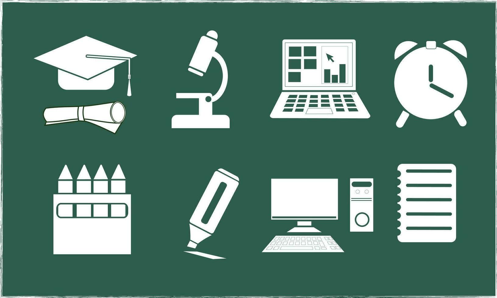 School supplies icon vector set. Back to school concept. Welcome back to school background. Learning and education concept. Flat vector in cartoon style isolated on green chalkboard background.