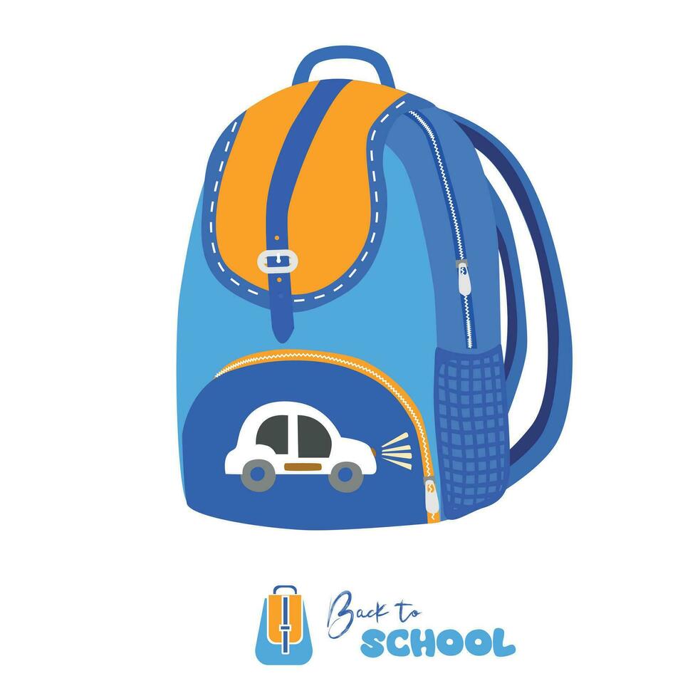 Pulpil backpack vector in blue and orange. School backpack flat vector in cartoon style. School bag vector illustration. School and education concept. Back to school theme. stationery.