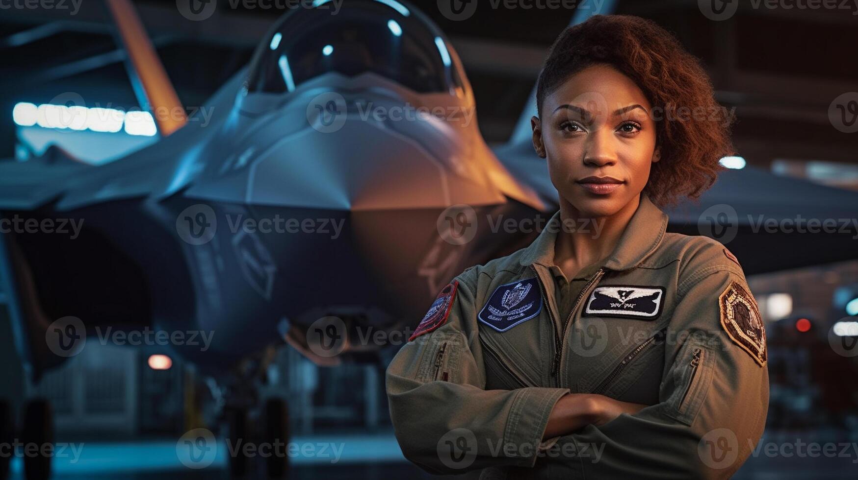 Proud African American Female Air Force Fighter Pilot Standing In Front of Her F35 - . photo