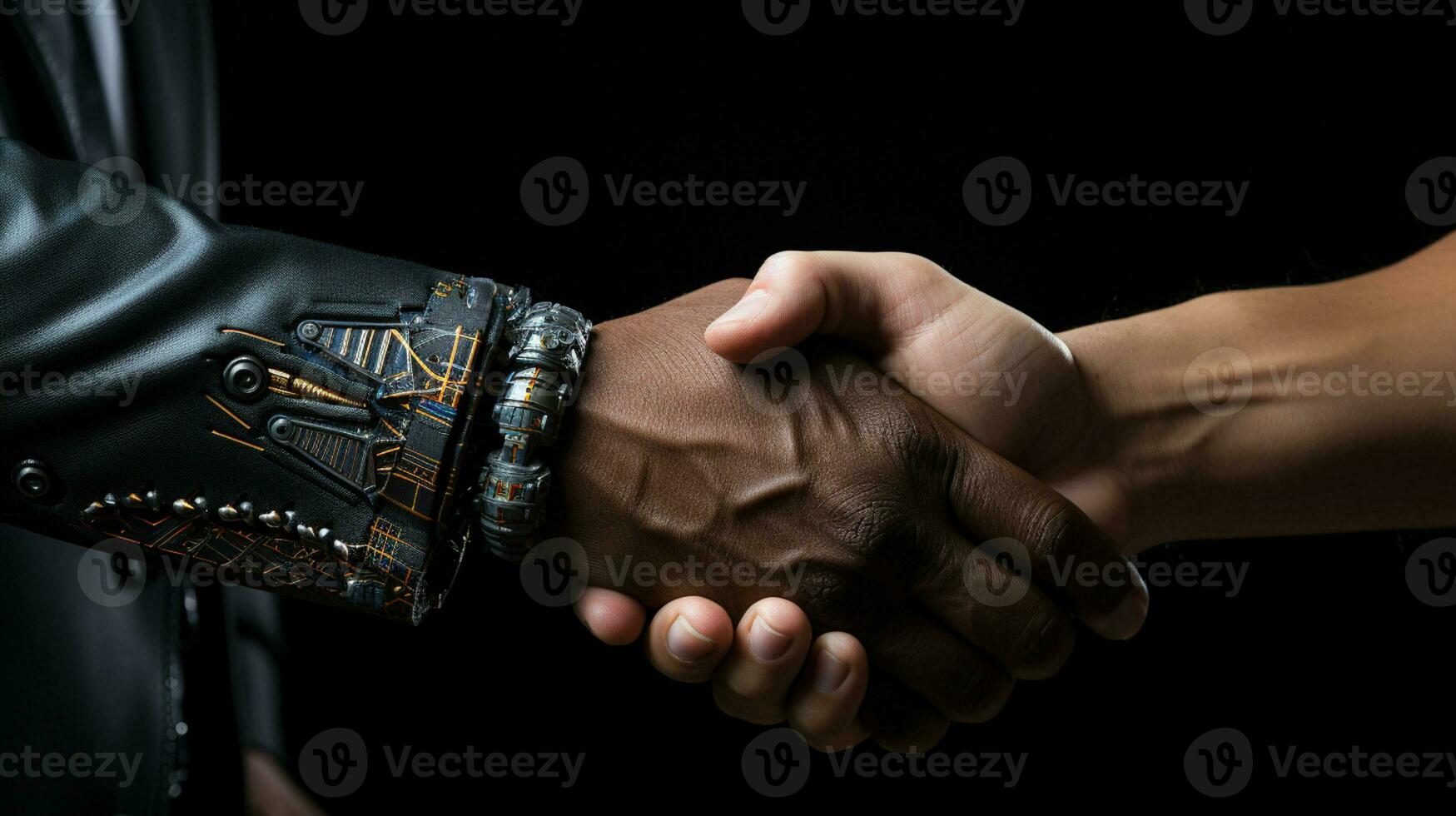 Ai Generated Handshake of modern robot hand with man closeup picture photo