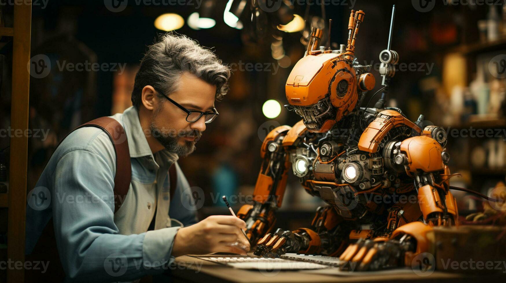 Ai Generated wide picture of a modern robot helping a man in repairing photo