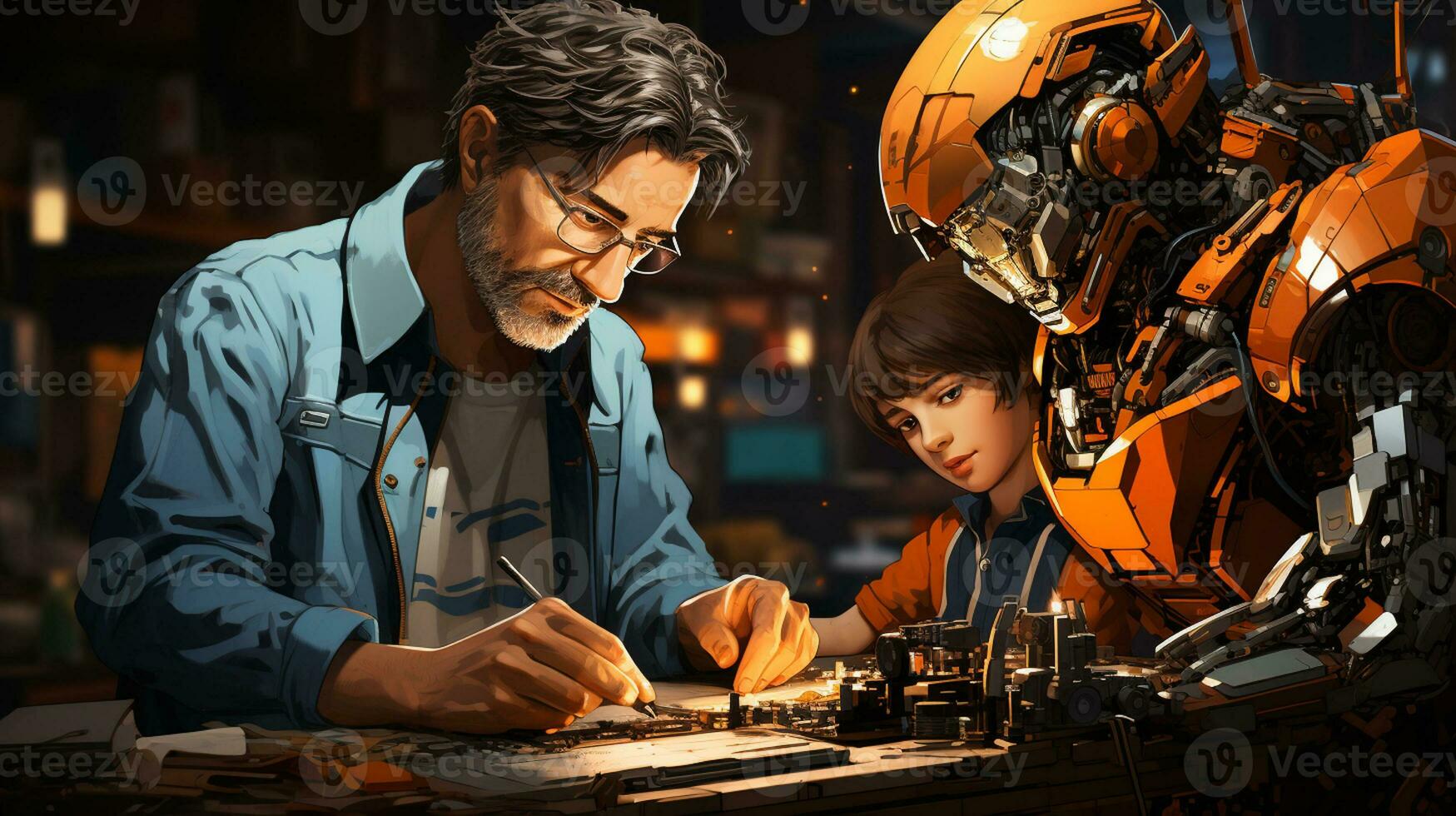 Ai Generated wide picture of a modern robot helping a man in repairing photo