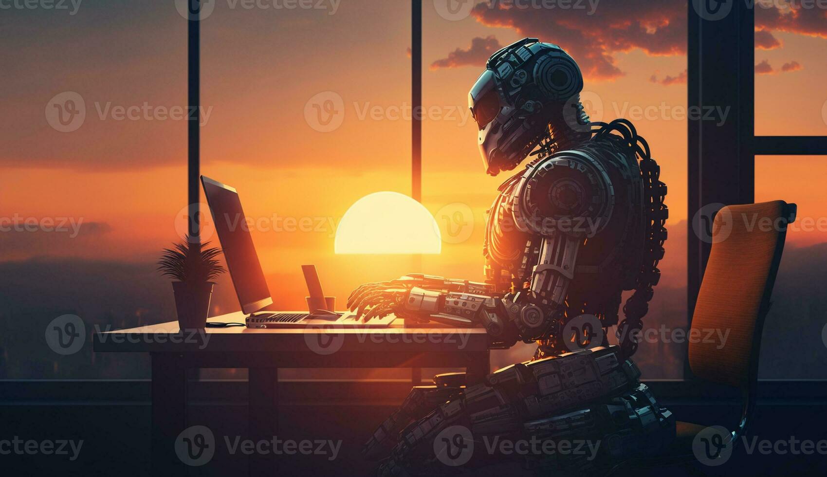 Ai Generated Modern Robot sitting in an office and working on a laptop during sunset photo