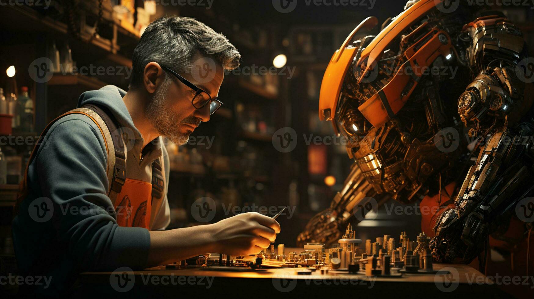 Ai Generated wide picture of a modern robot helping a man in repairing photo