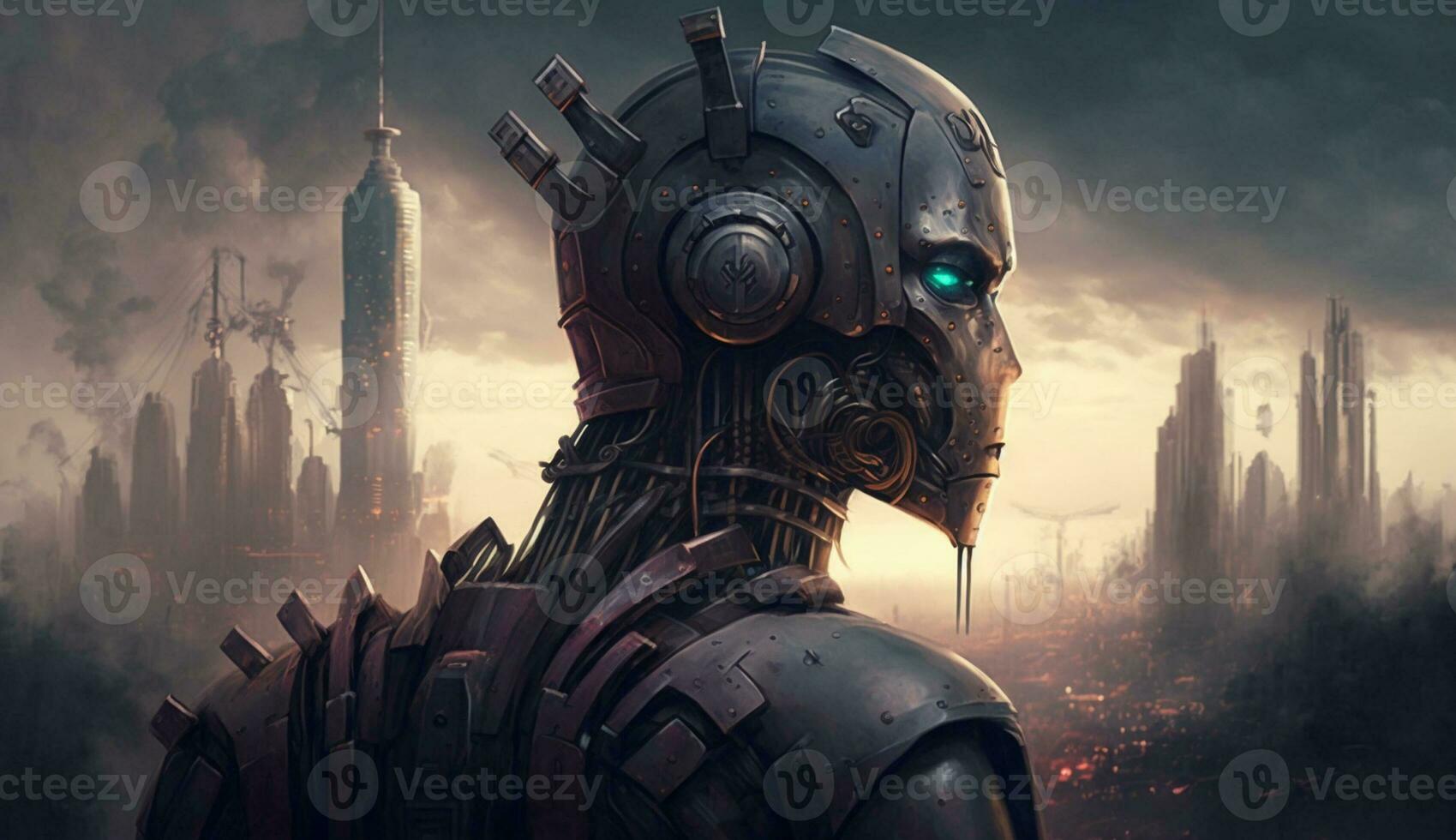Ai Generated Modern Robot in Front of the City photo