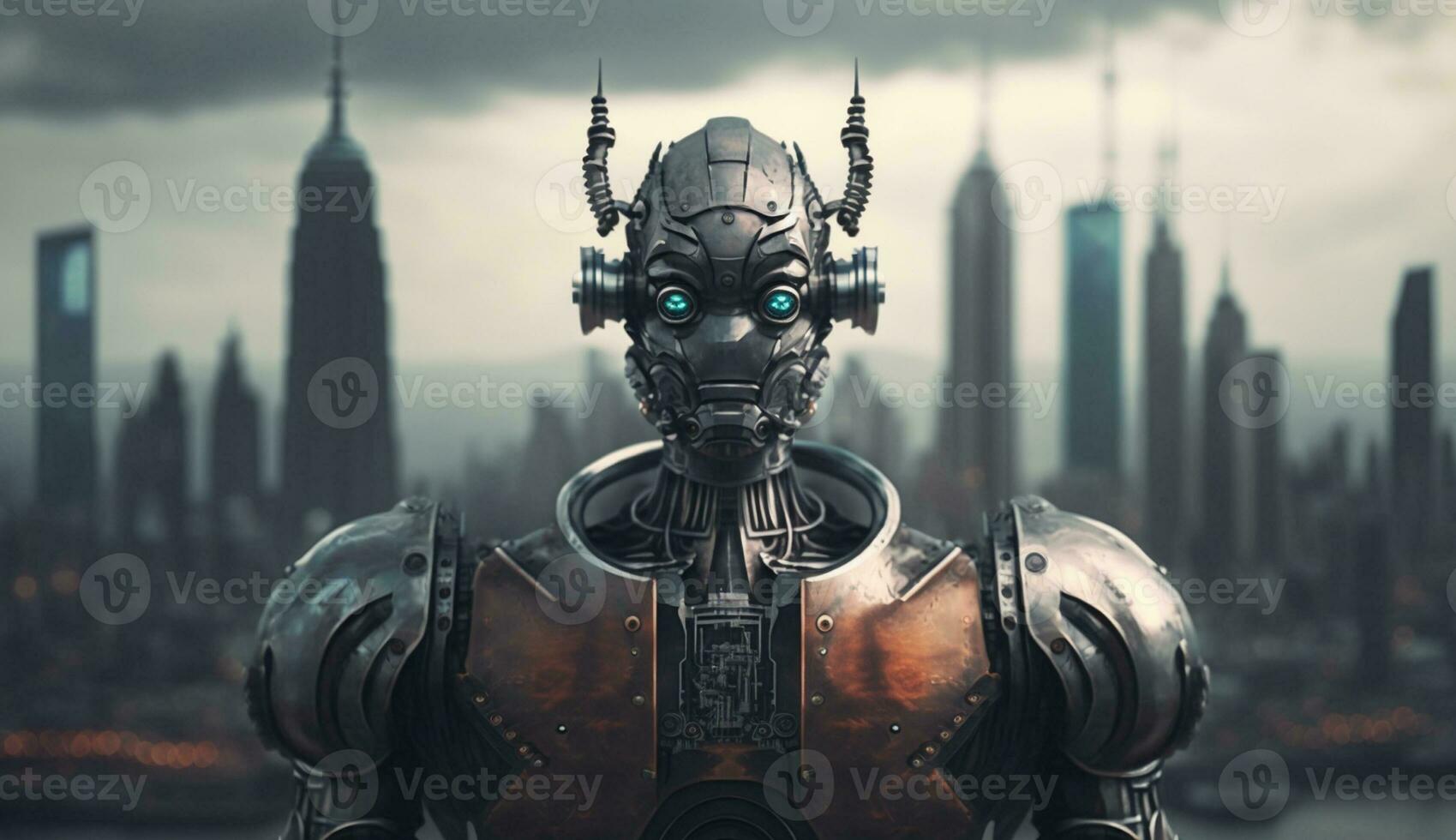 Ai Generated modern robot scary portrait and the city in the background photo