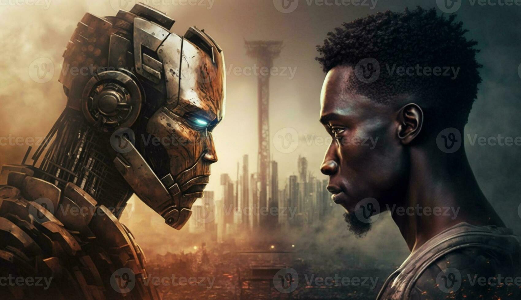 Ai Generated Scary Robot and Man looking at each other with anger photo