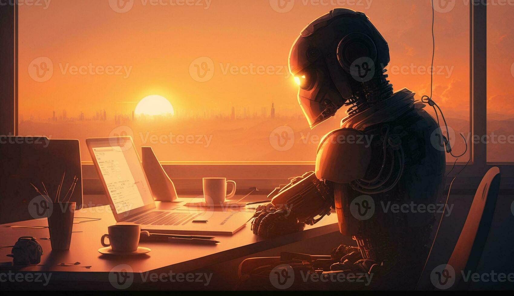 Ai Generated Modern Robot sitting in an office and working on a laptop during sunset photo