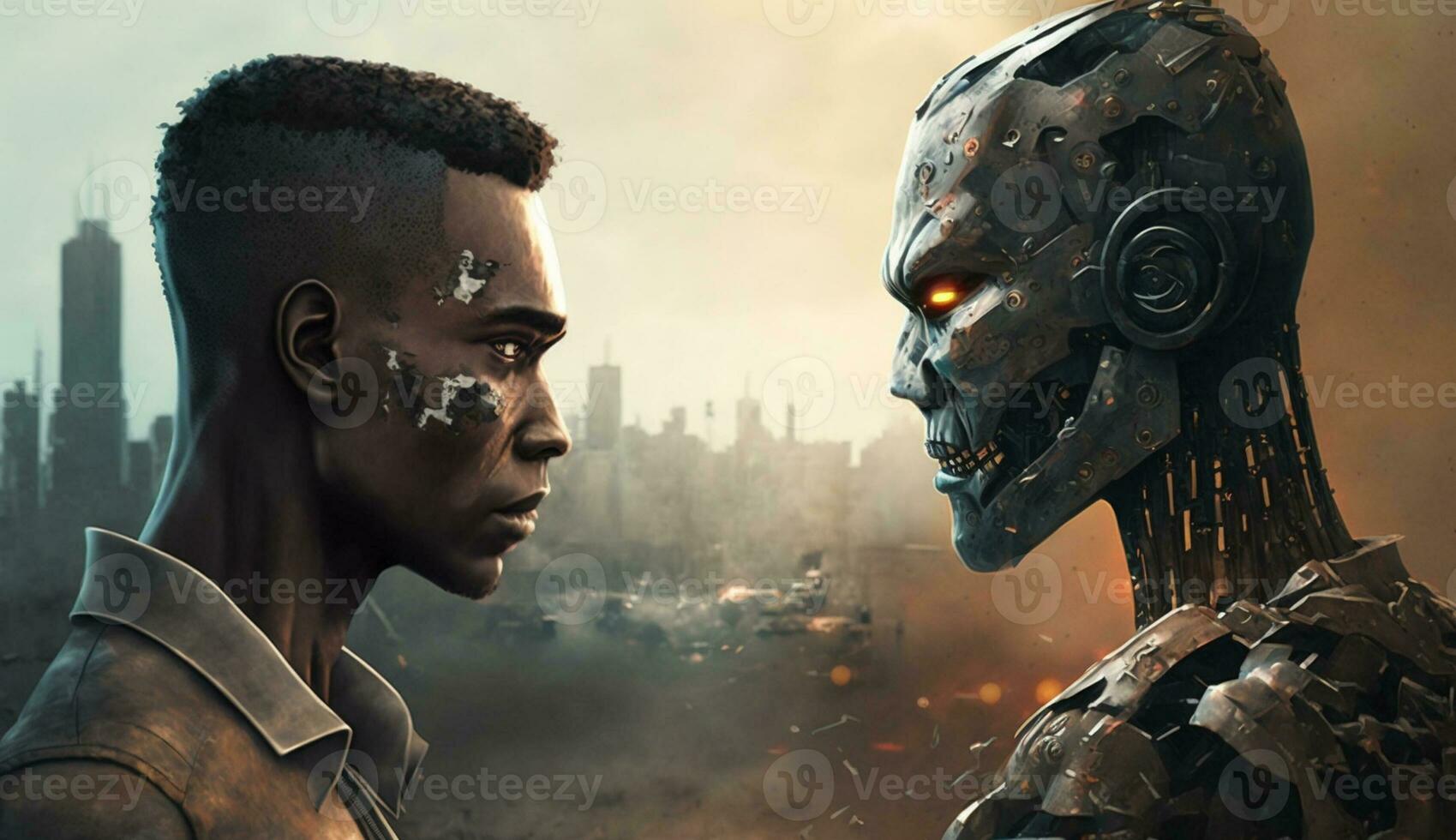 Ai Generated Scary Robot and Man looking at each other with anger photo