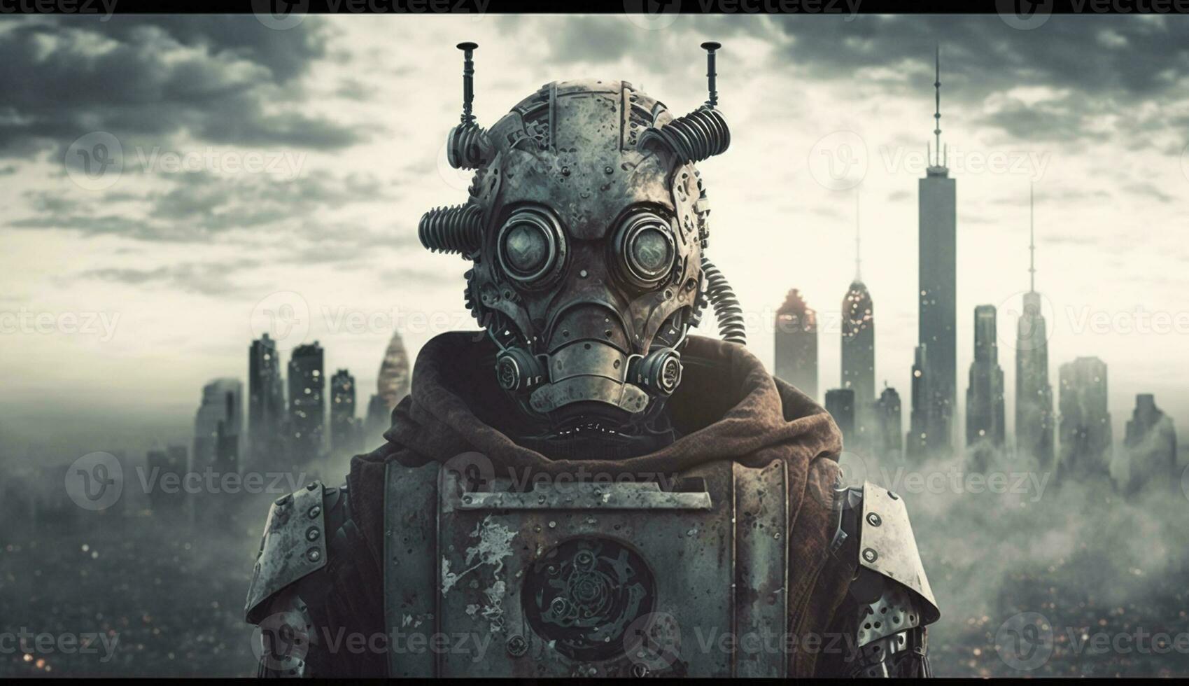 Ai Generated modern robot scary portrait and the city in the background photo