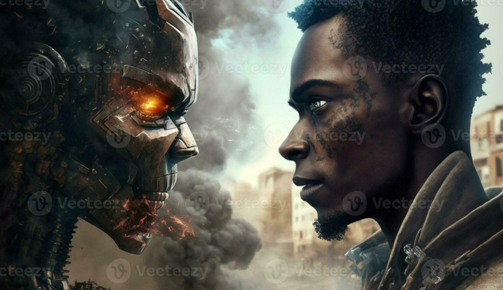 Ai Generated Scary Robot and Man looking at each other with anger photo