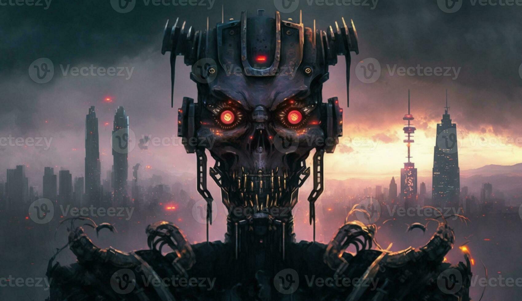 Ai Generated modern robot scary portrait and the city in the background photo
