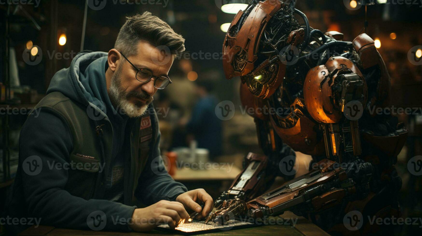 Ai Generated wide picture of a modern robot helping a man in repairing photo