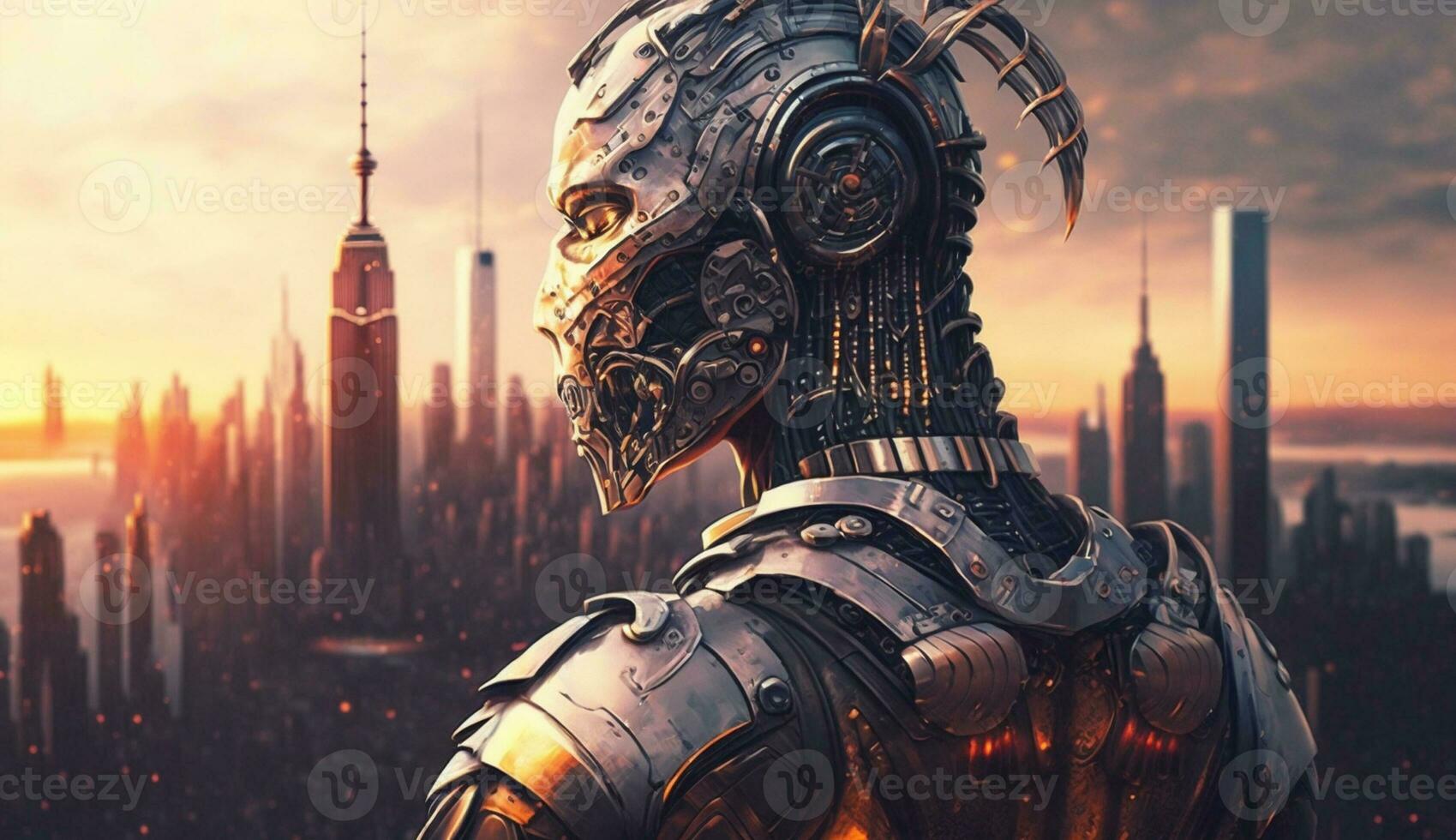 Ai Generated modern robot scary portrait and the city in the background photo