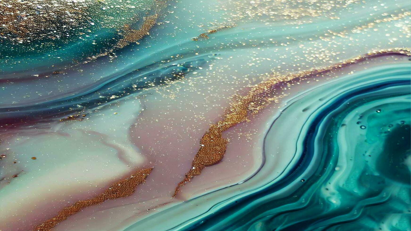 Abstract Liquid Paint Digital Paper, fluid art violet and gold glitter with alcohol ink technique ai generated photo