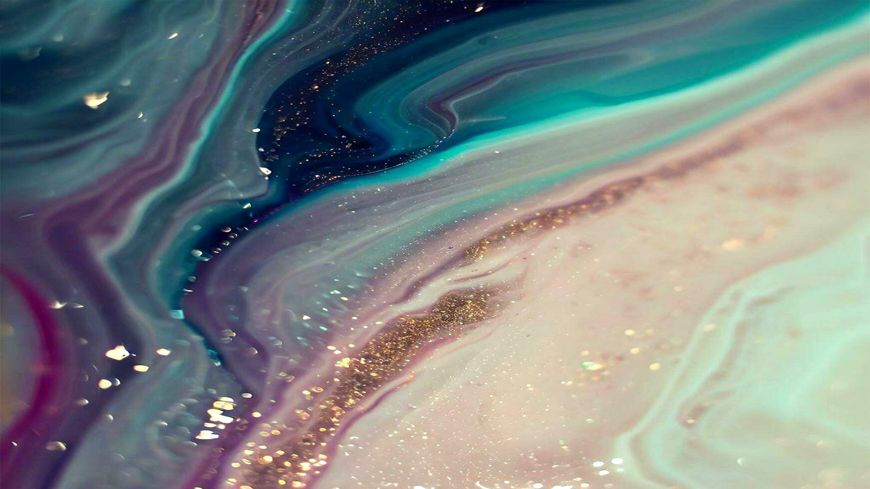 Abstract Liquid Paint Digital Paper, fluid art violet and gold glitter with alcohol ink technique ai generated photo