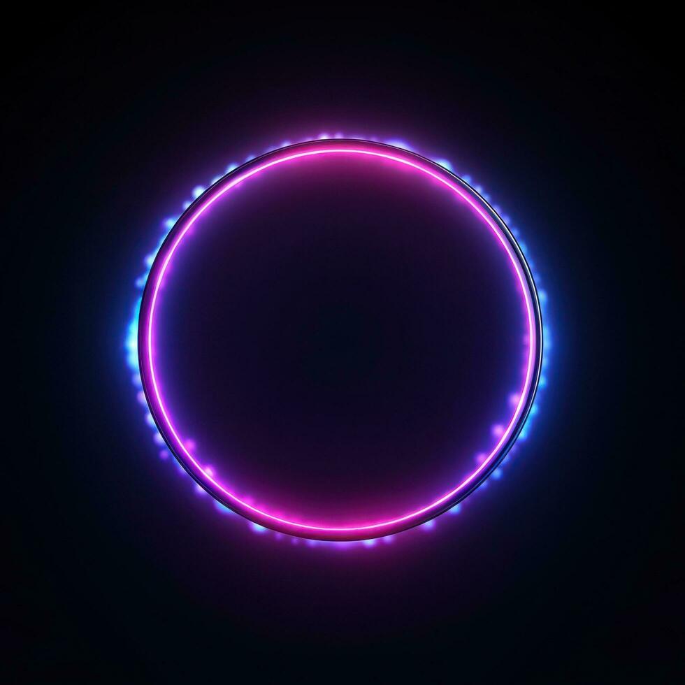 Neon blue pink round frame ring, circle shape glowing light with dark background. 80's retro style, copy space photo