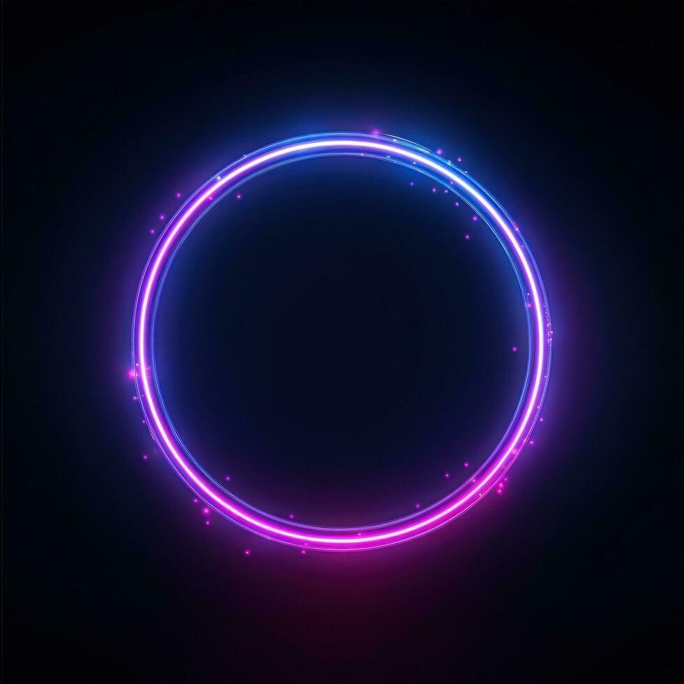 Neon blue pink round frame ring, circle shape glowing light with dark background. 80's retro style, copy space photo