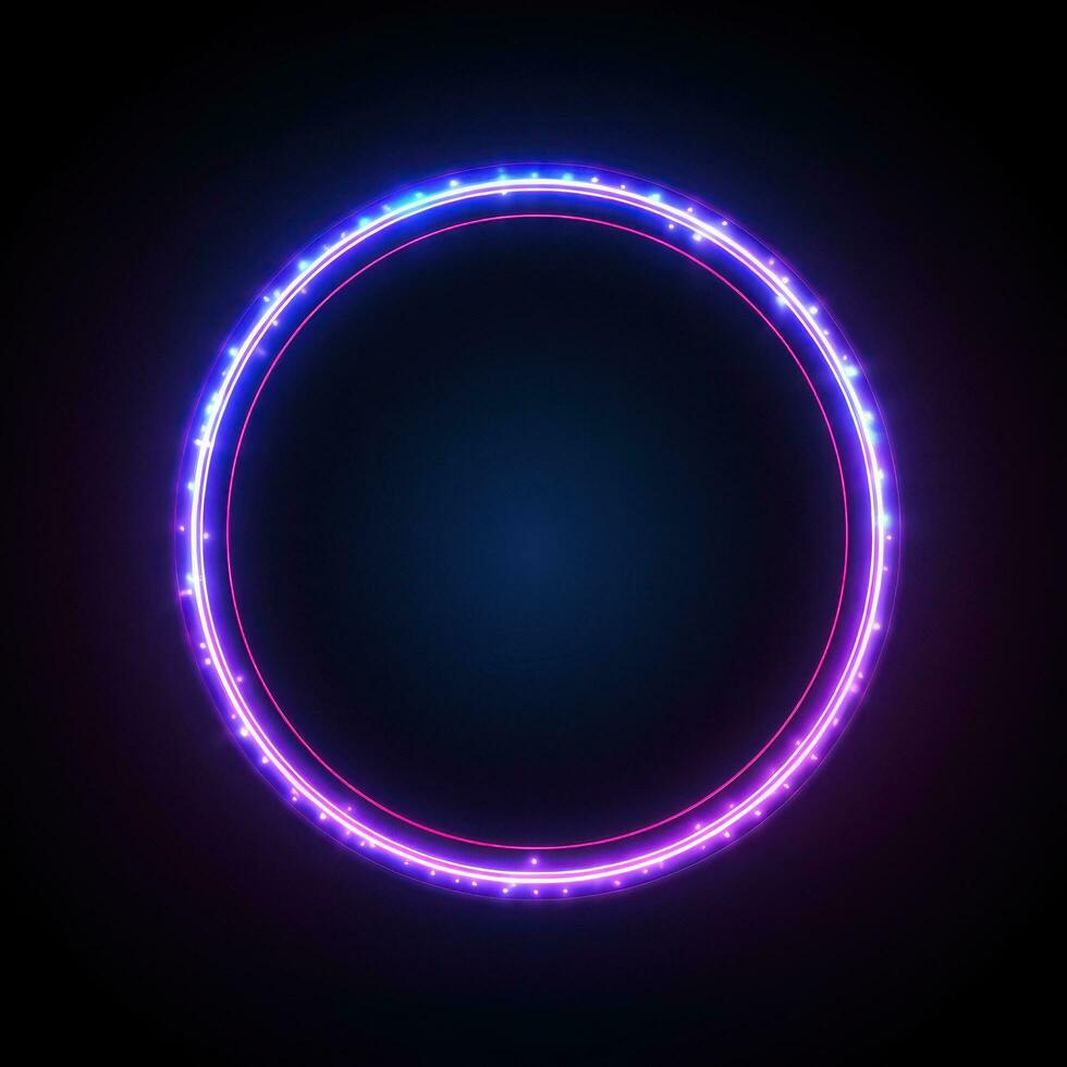 Neon blue pink round frame ring, circle shape glowing light with dark background. 80's retro style, copy space photo