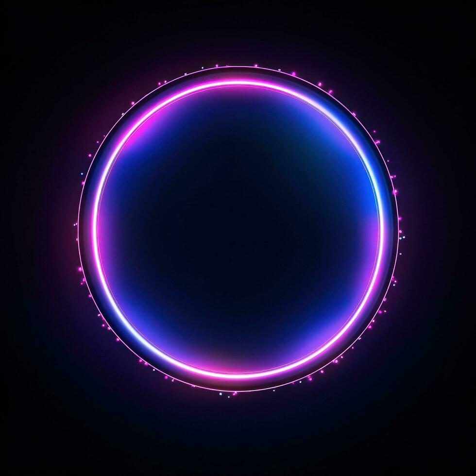 Neon blue pink round frame ring, circle shape glowing light with dark background. 80's retro style, copy space photo