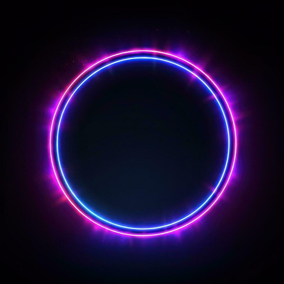 Neon blue pink round frame ring, circle shape glowing light with dark background. 80's retro style, copy space photo