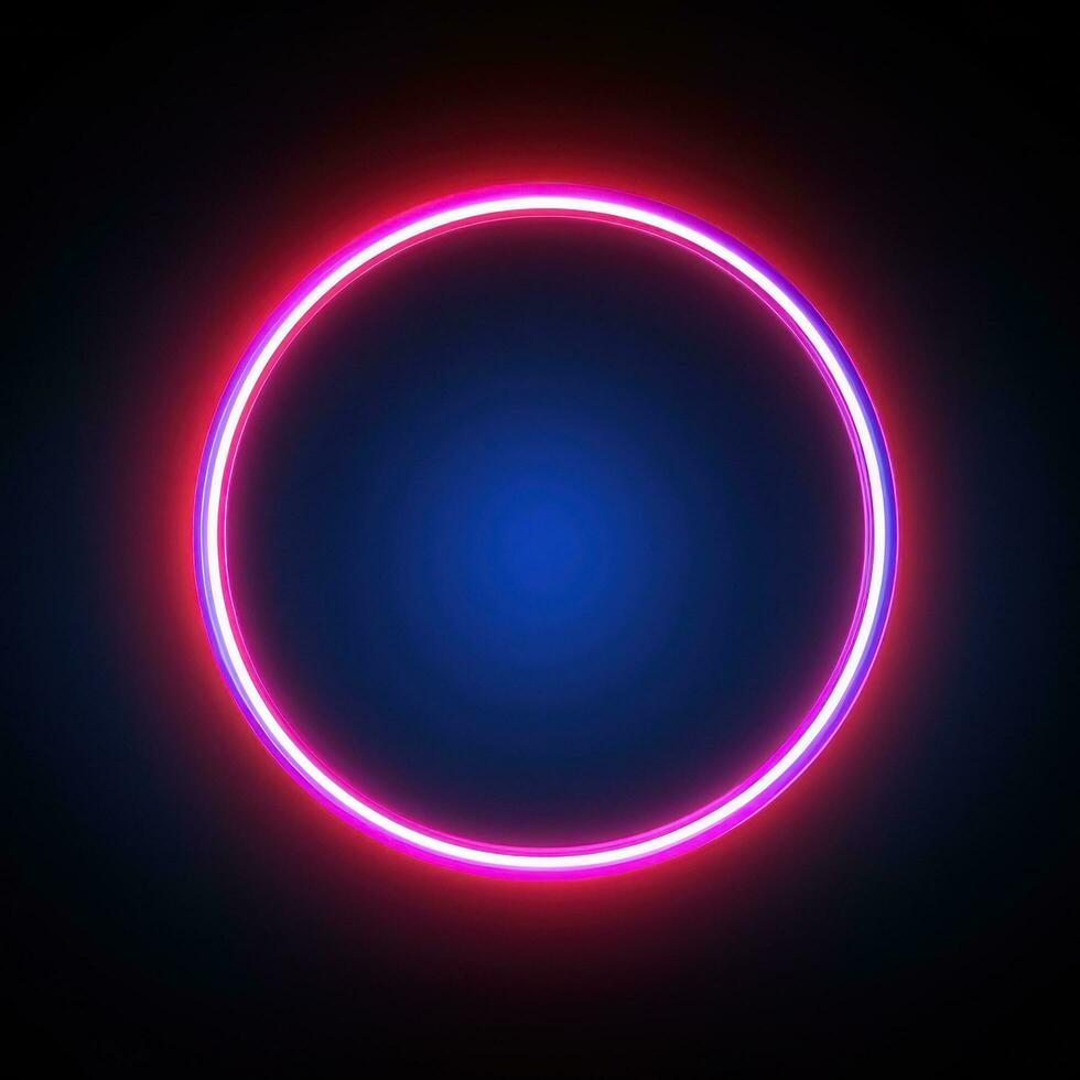 Neon blue pink round frame ring, circle shape glowing light with dark background. 80's retro style, copy space photo