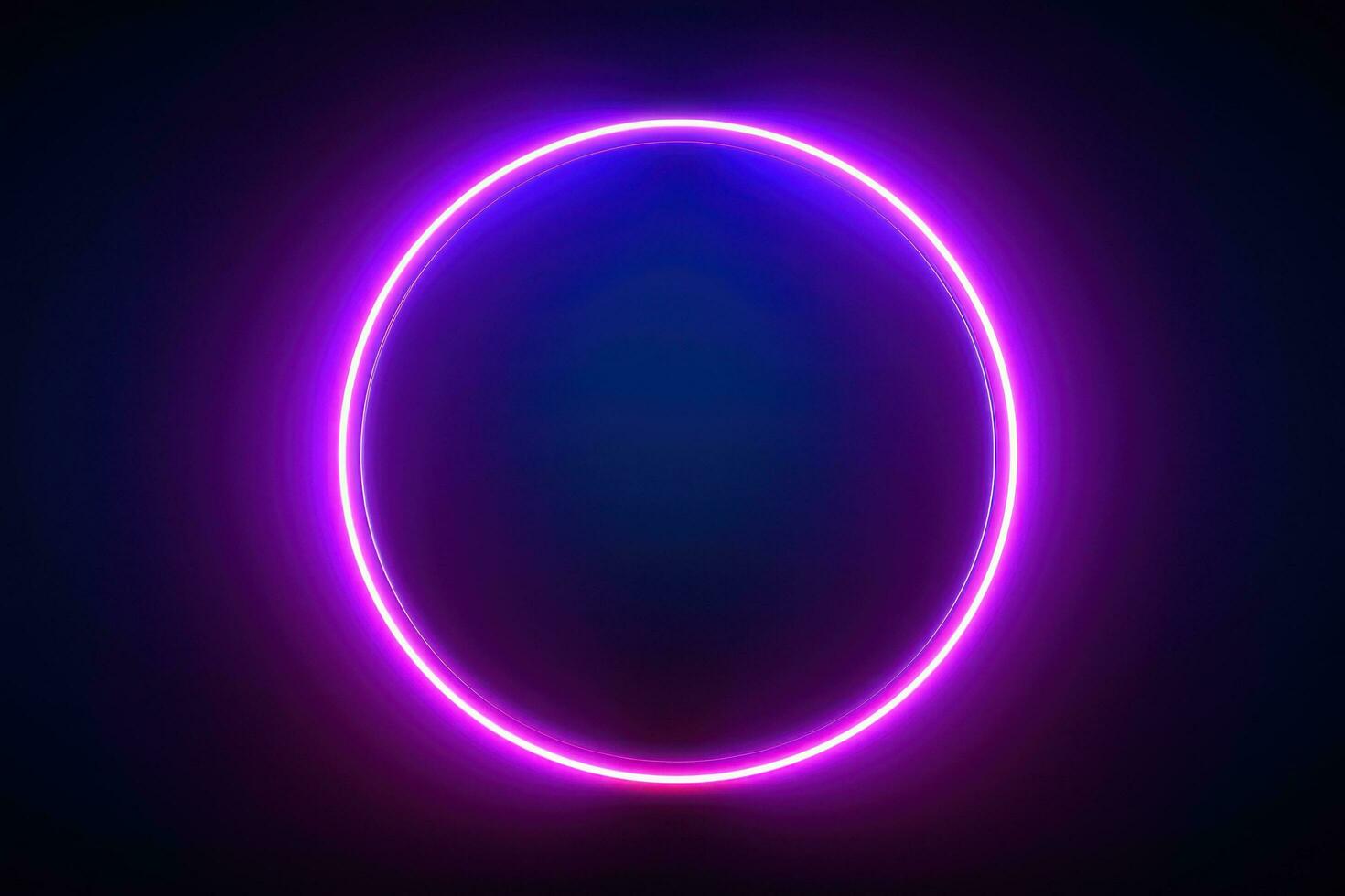 Neon blue pink round frame ring, circle shape glowing light with dark background. 80's retro style, copy space photo