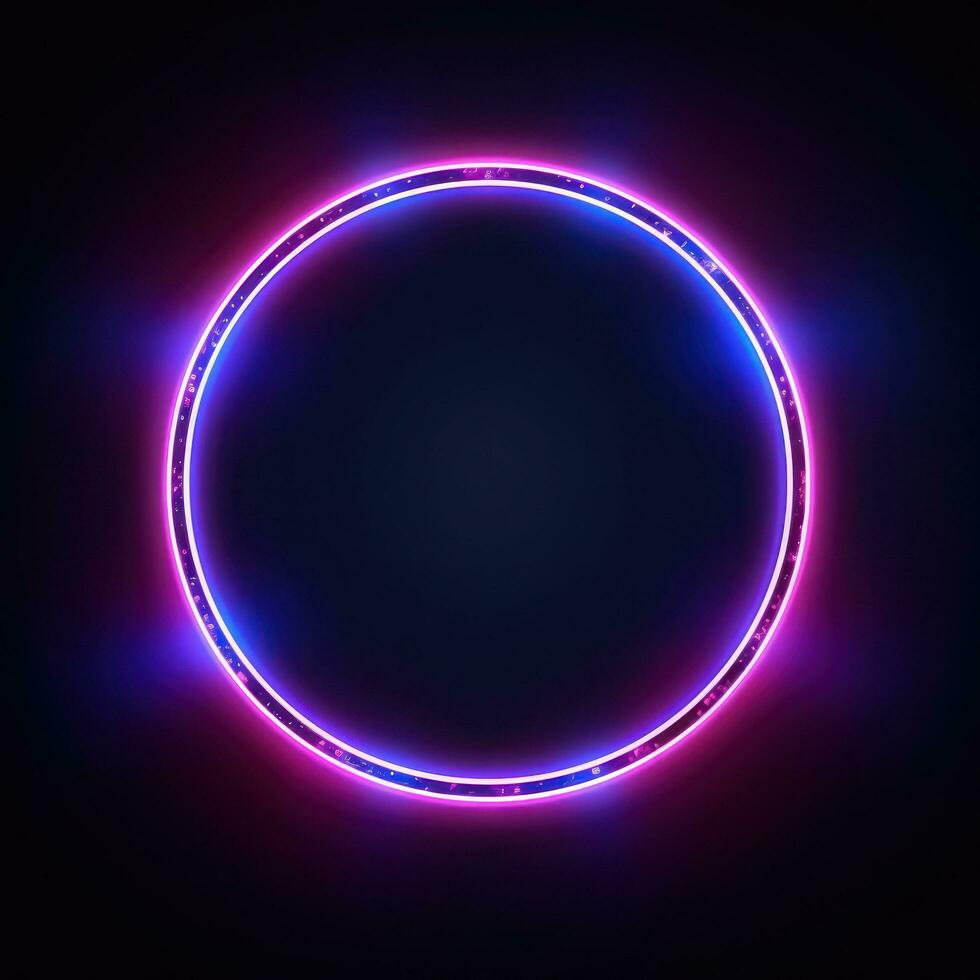 Neon blue pink round frame ring, circle shape glowing light with dark background. 80's retro style, copy space photo