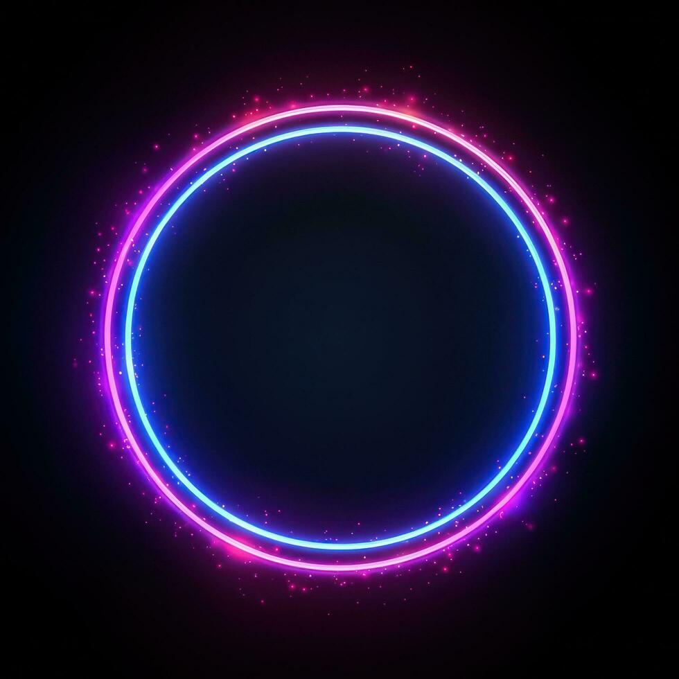 Neon blue pink round frame ring, circle shape glowing light with dark background. 80's retro style, copy space photo