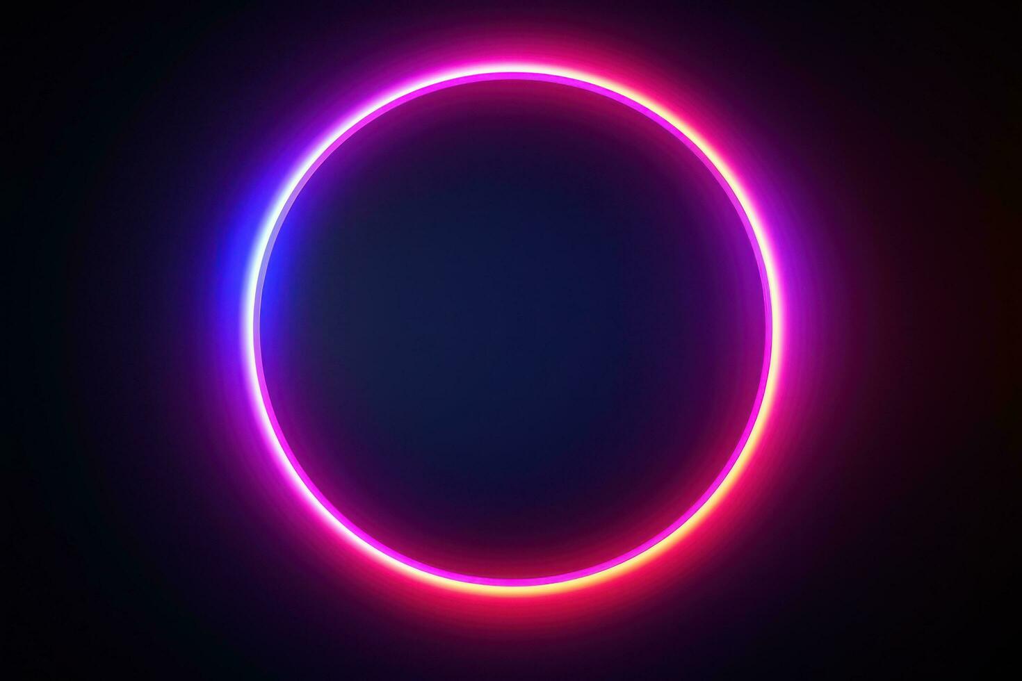 Neon blue pink round frame ring, circle shape glowing light with dark background. 80's retro style, copy space photo