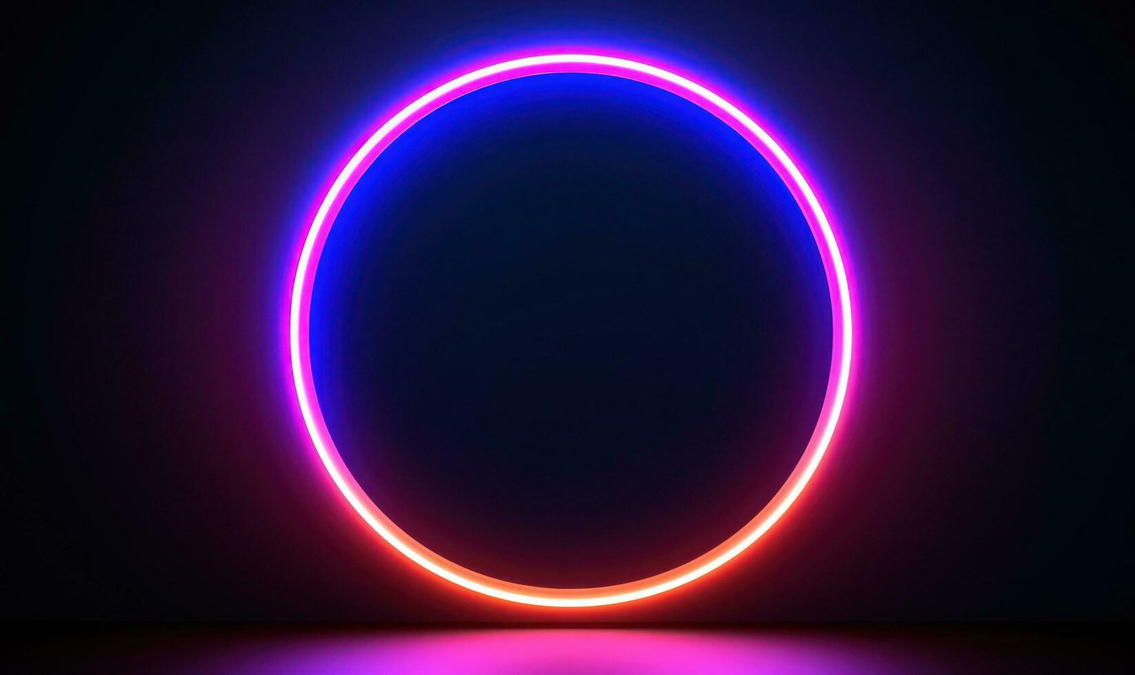 Neon blue pink round frame ring, circle shape glowing light with dark background. 80's retro style, copy space photo