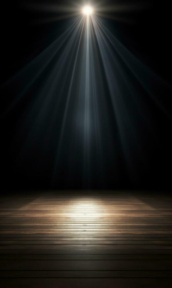 Empty dark stage with spotlight ad wooden floor photo