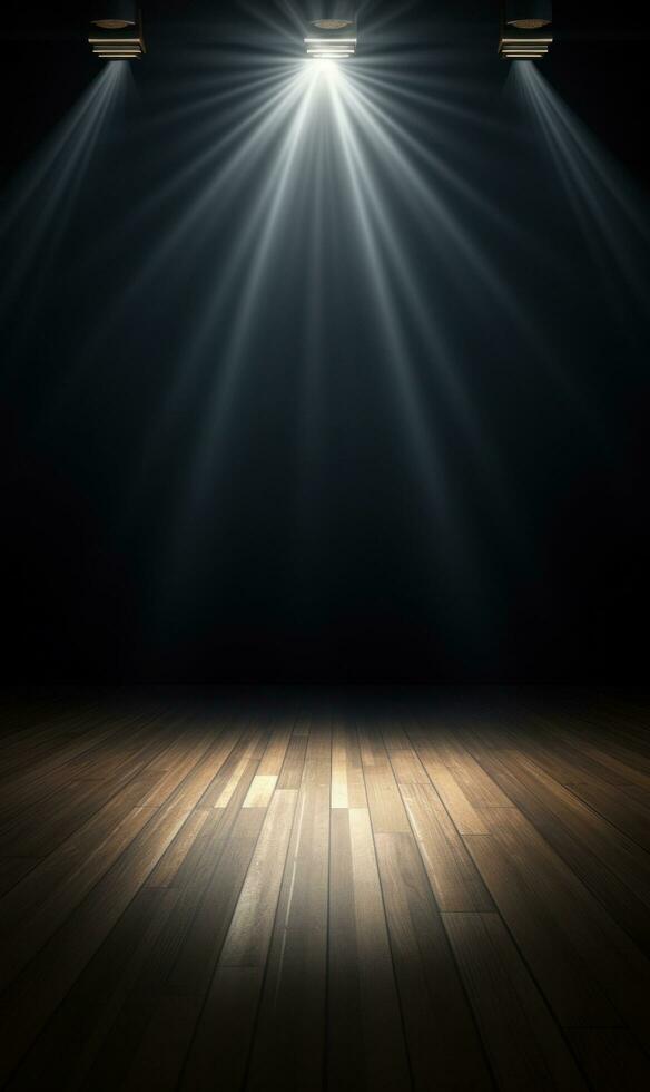 Empty dark stage with spotlight ad wooden floor photo