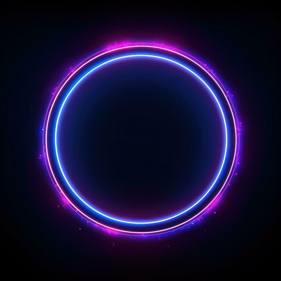 Neon blue pink round frame ring, circle shape glowing light with dark background. 80's retro style, copy space photo