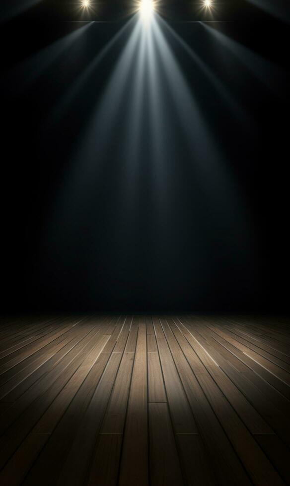 Empty dark stage with spotlight ad wooden floor photo