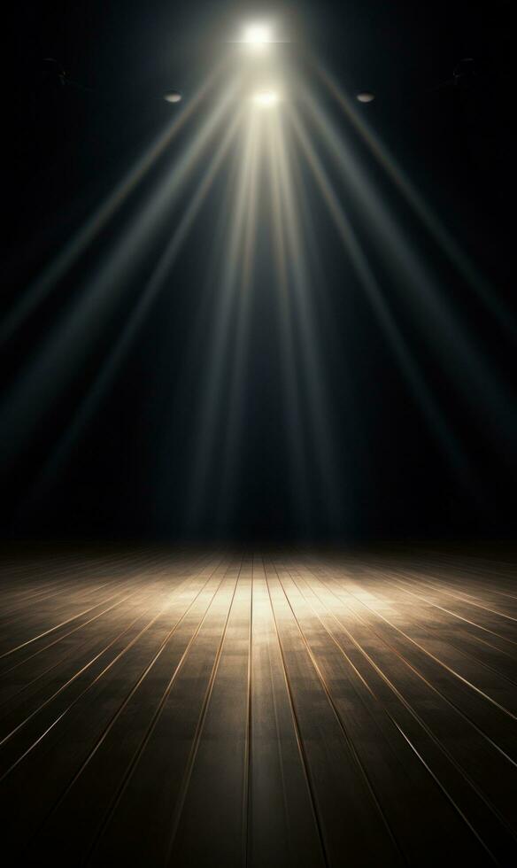 Empty dark stage with spotlight ad wooden floor photo