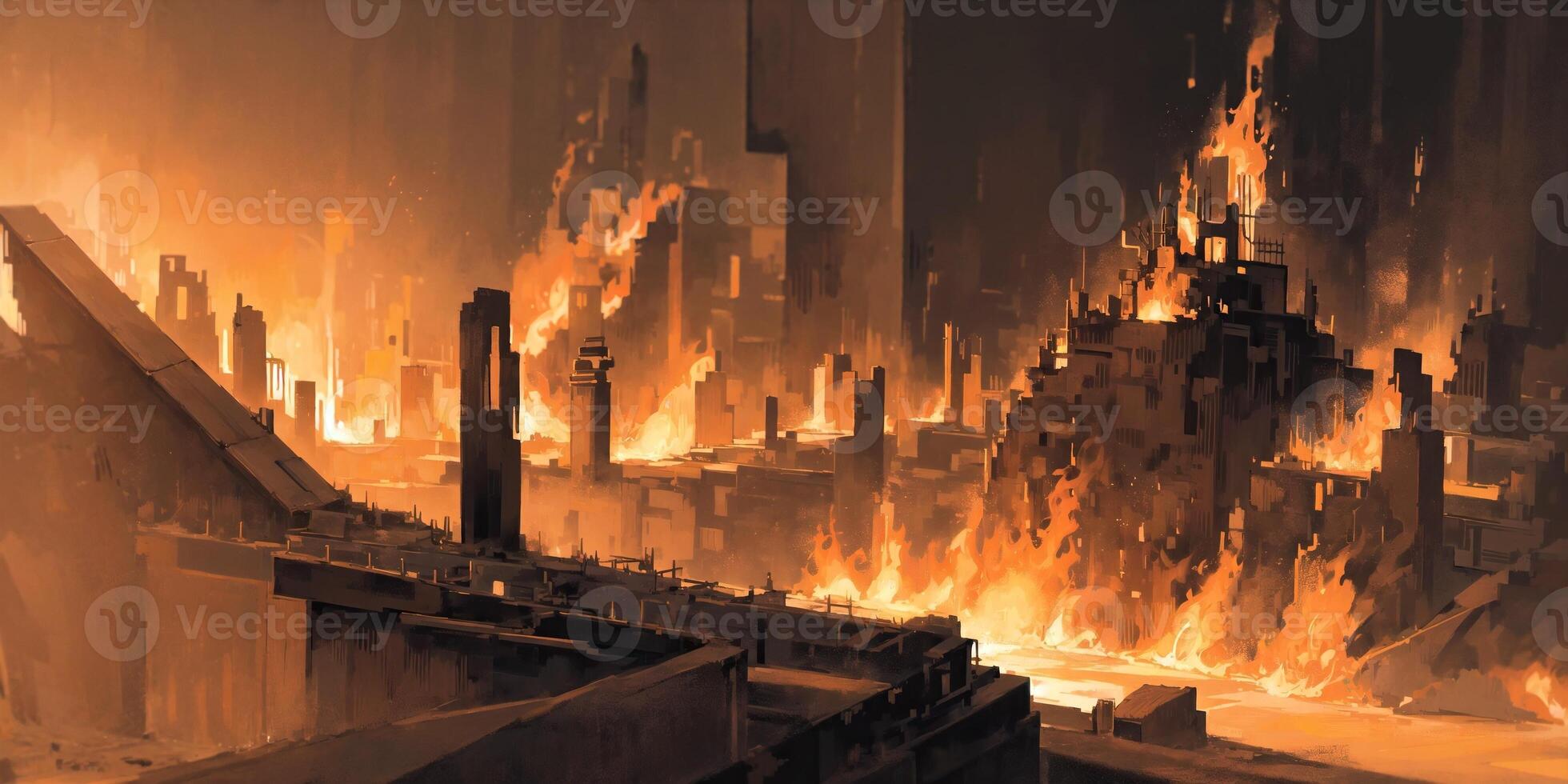 anime background, landscape, hell, fire, flame, lava, city, town, generative ai, generative, ai photo